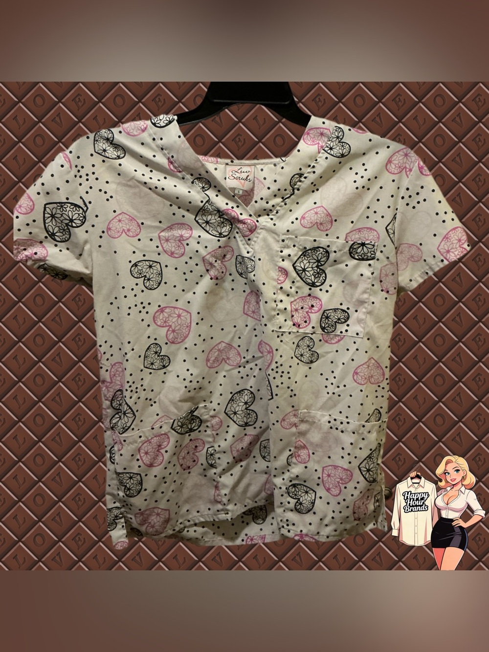 Love Scrubs Pink And Black Hearts Scrub Top Size Small Pre Owned